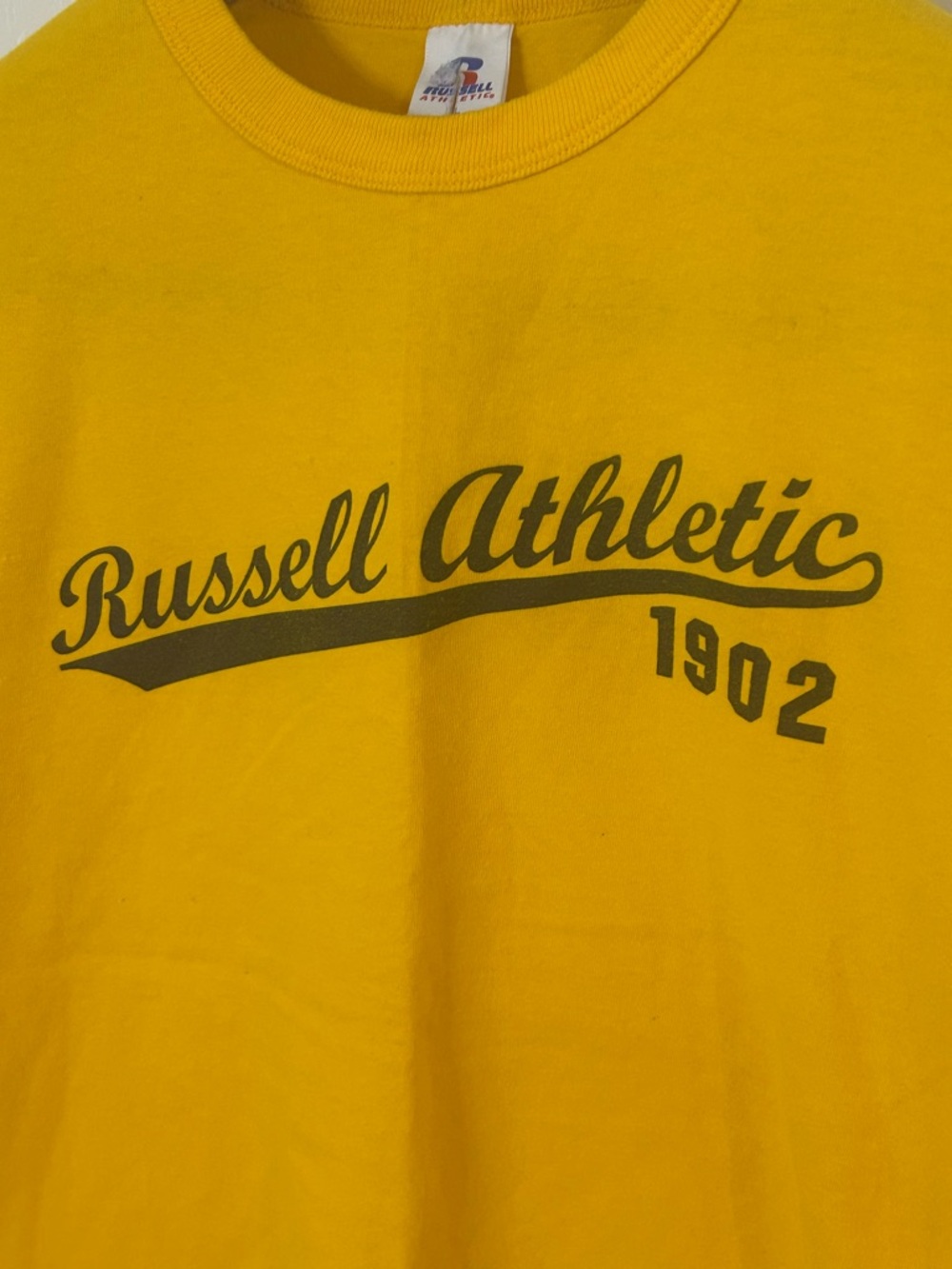 Vintage Yellow Russell Athletic Script Logo Shirt Mens Crewneck Short Sleeve Tee - Picture 4 of 9